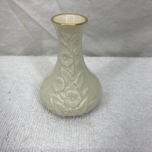 Lenox Ivory China Embossed Floral Bud Vase 24k Gold Trim Miniature 4 Inch USA